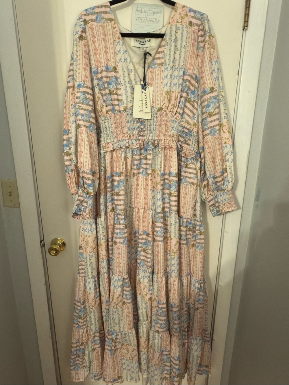 JessaKae Garden Rose Patchwork Maxi Dress Pink, Blue & Cream Floral Patchwork